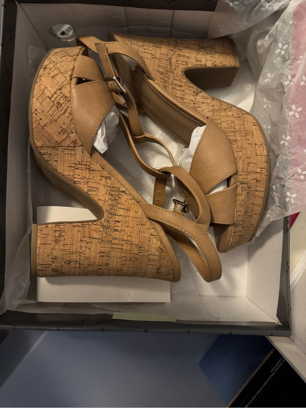 Women’s Tan Platform Cork Block Heels - Casual Strappy Sandals